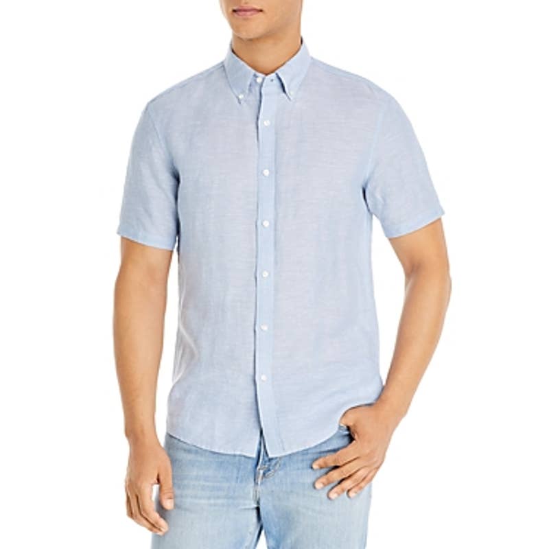 Michael Kors Men's Slim Fit Yarn Dyed Linen Blue Chambray Shirt