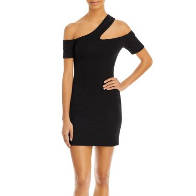 AQUA Ladies Black Ribbed Off the Shoulder Mini Dress w/ Cutout Detail