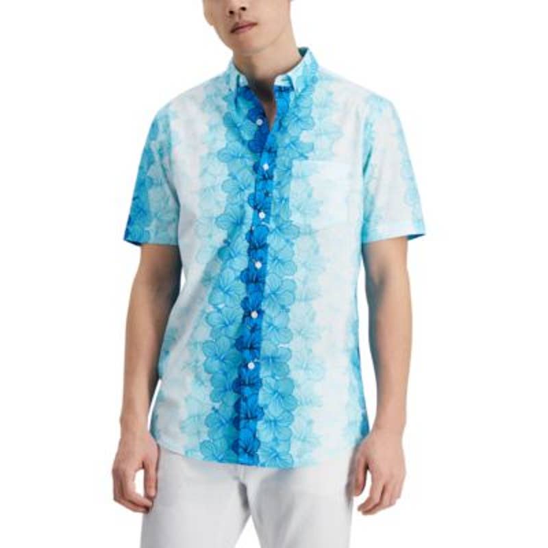 Club Room Men's Regular Fit Blue Paradise Floral Print Poplin Button Up
