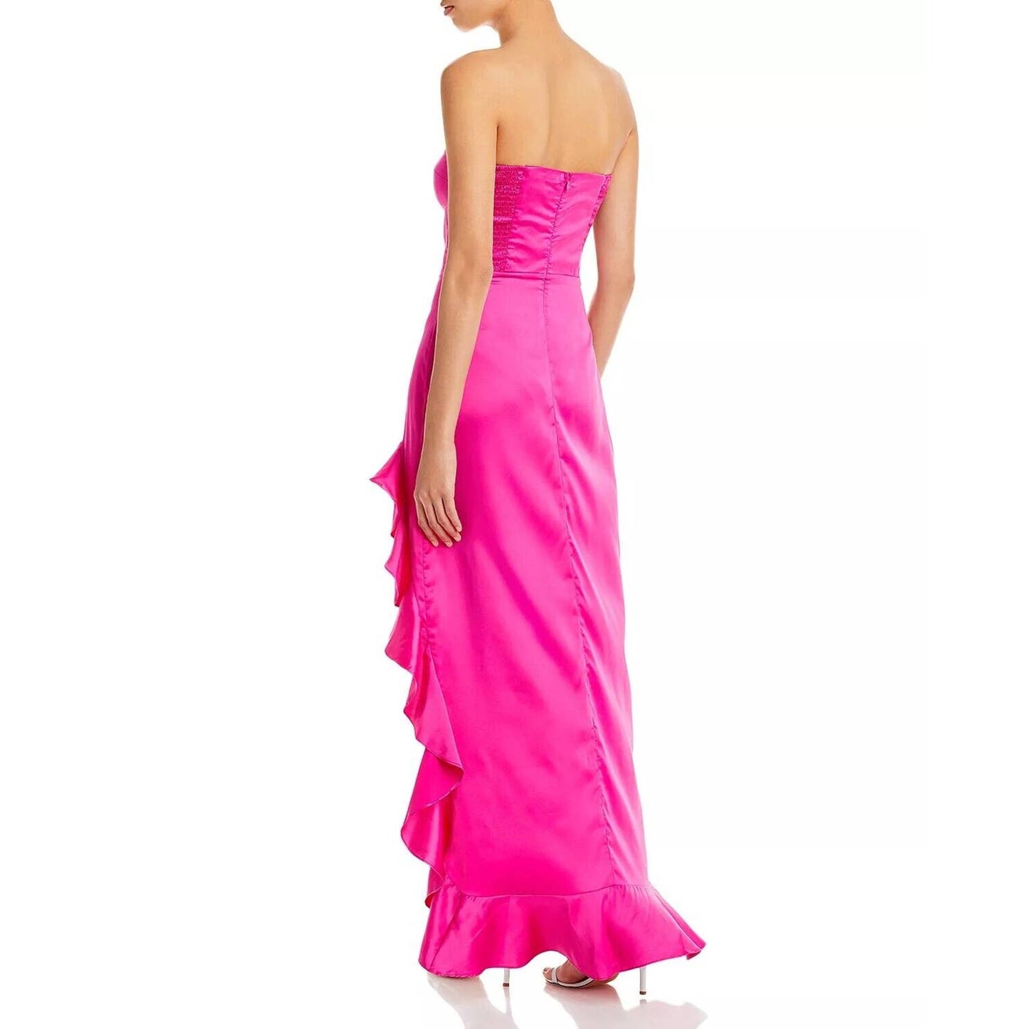 AQUA Ladies Hot Pink Strapless Ruffle Maxi Dress, High Slit in Leg