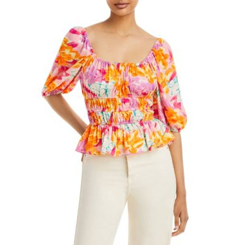 WAYF Ladies Pink & Orange Floral Print "Thalia" Puff Sleeve Top