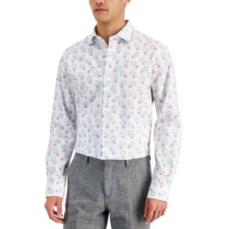 BAR III Men's White & Pink Floral Print Button Up Shirt