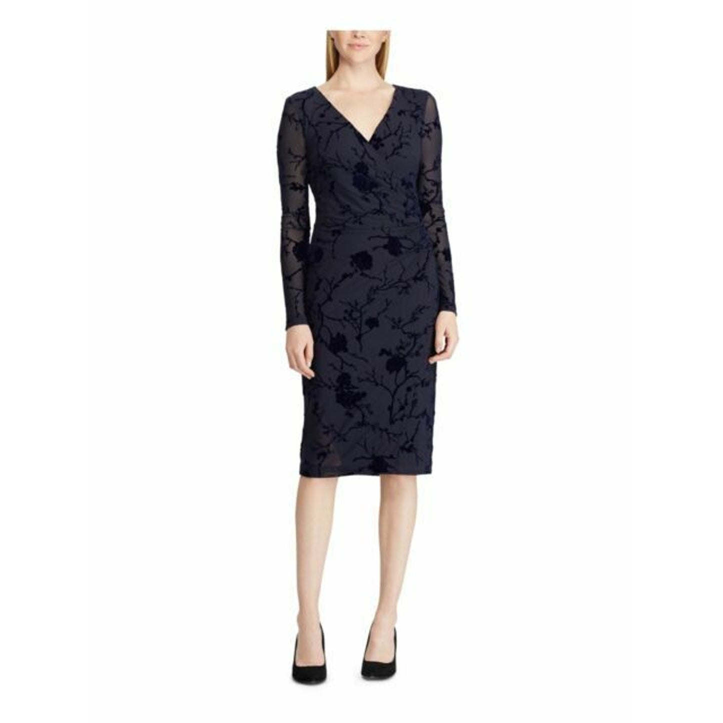 Ralph Lauren Navy Blue Floral Flocked Wrap Front Dress, Mesh & Velvet
