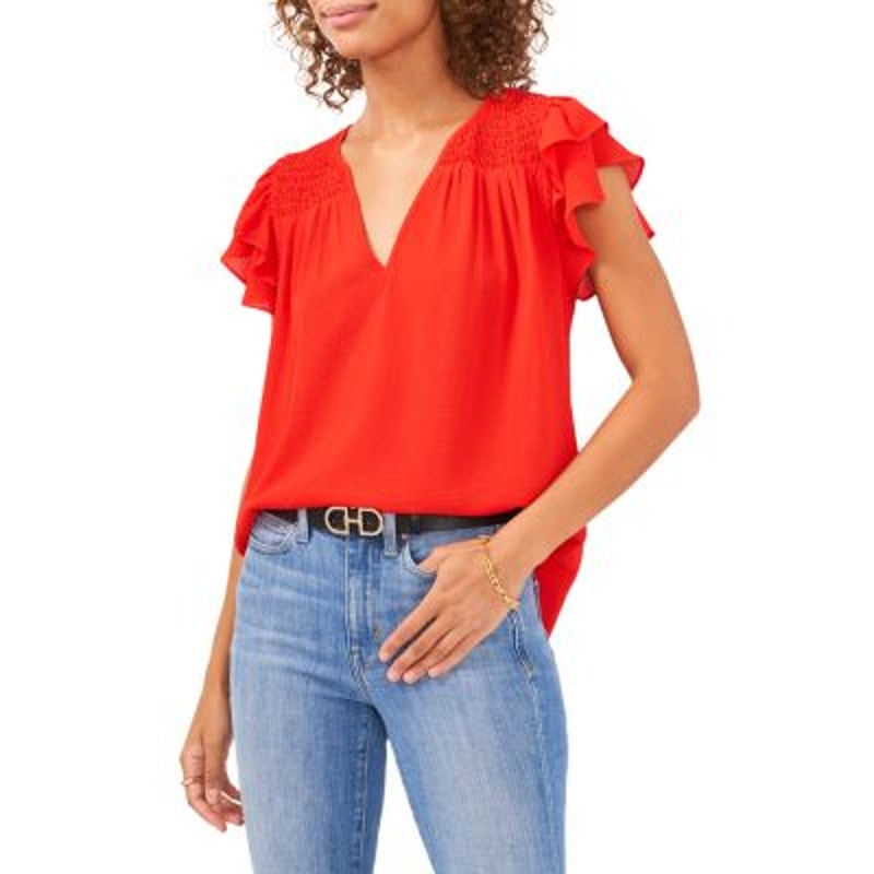 Vince Camuto Women's Red Short Sleeve Smocked "Yoke Spring" Top, Size XS, NWT