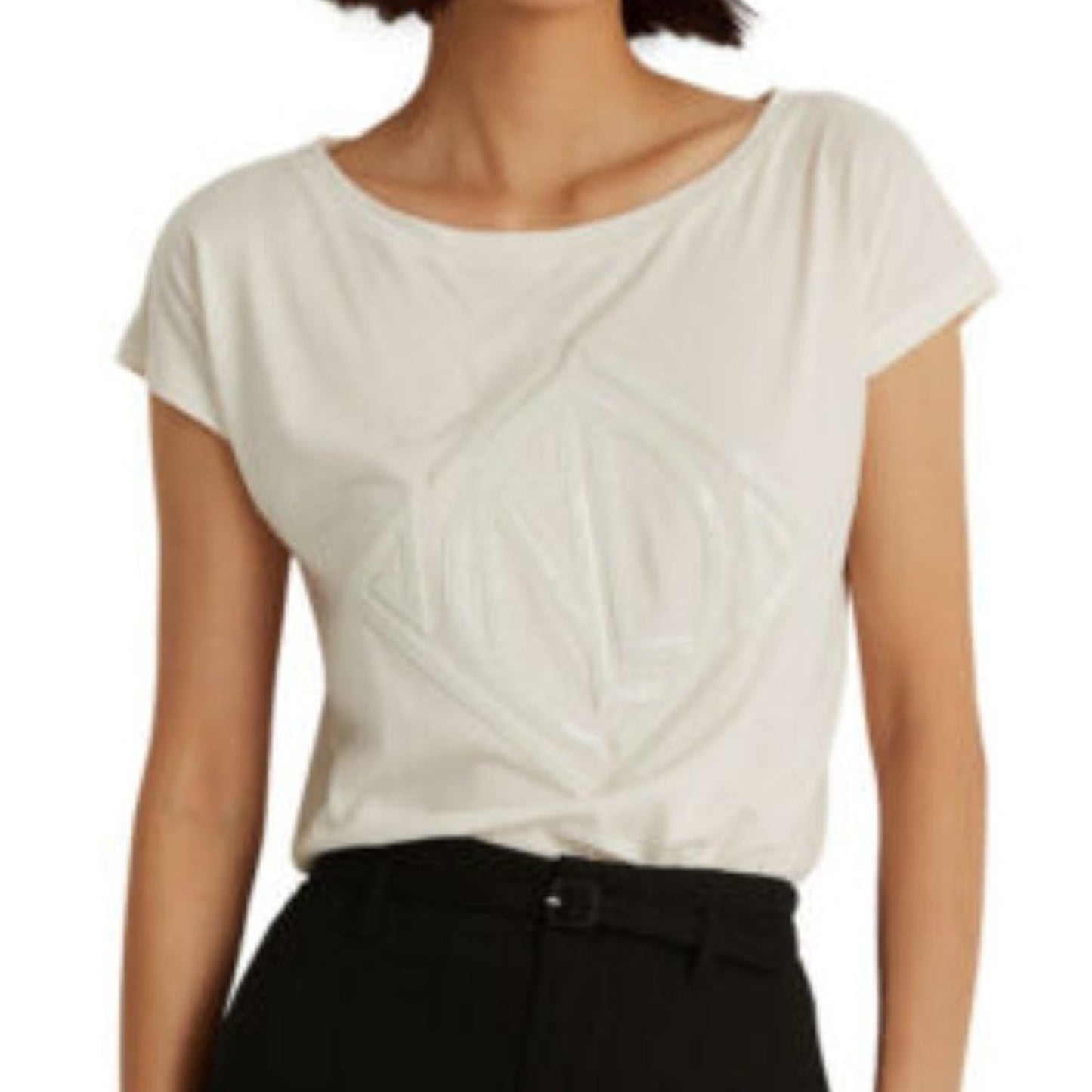 Lauren Ralph Lauren Ladies Winter Cream Sequined Logo Tee Shirt, Size Large