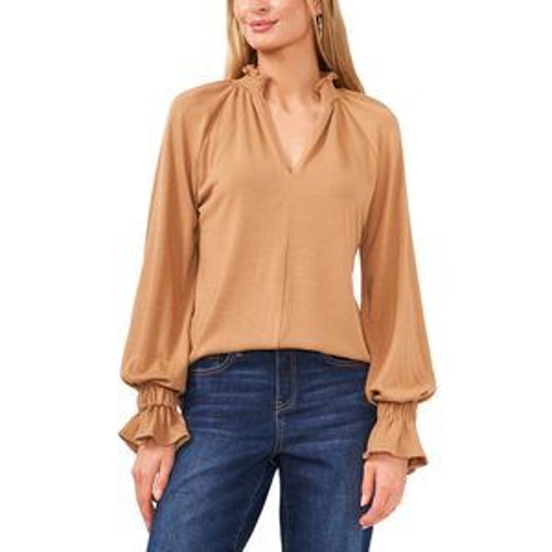 Vince Camuto Women's Tan Wild Oak Split Neck Smocked Sweater, Size Medium