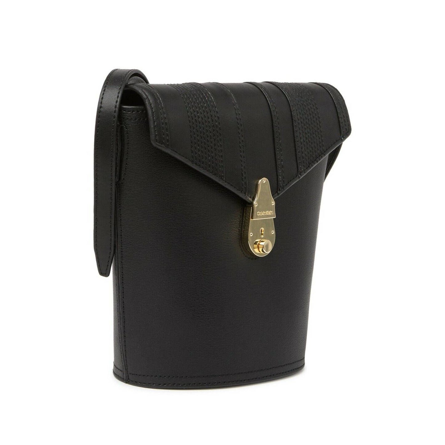 CALVIN KLEIN LOCK BUCKET CROSSBODY, LINEAR QUILTED, BLACK LEATHER