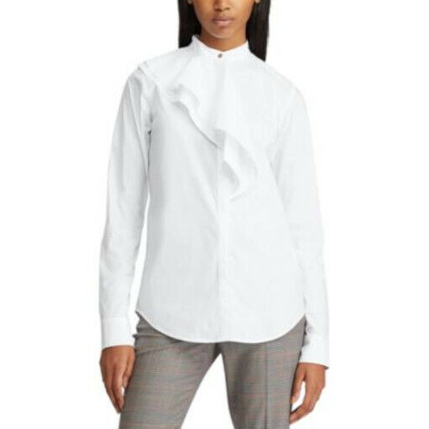 LAUREN RALPH LAUREN VASTIA RUFFLE FRONT BANDED COLLAR BLOUSE