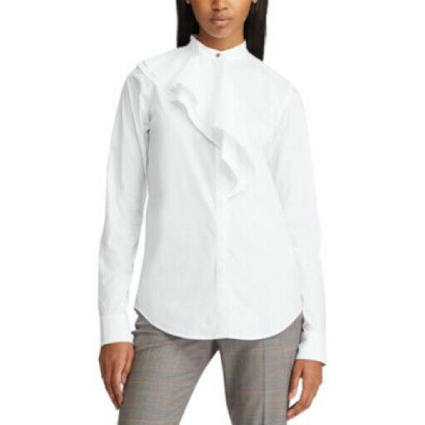 Ralph Lauren White “Vastia” Ruffle Top, Gold Button Accents, Petite