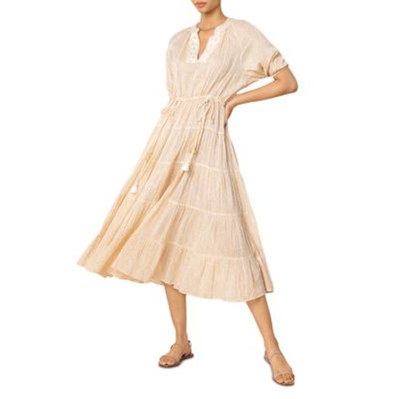 Shoshanna Ladies White & Gold Metallic Tiered Midi Dress