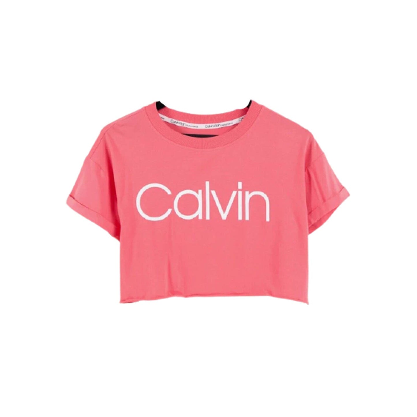 Calvin Klein Womens Cropped Raw Hem Logo T-Shirt Radiance Coral