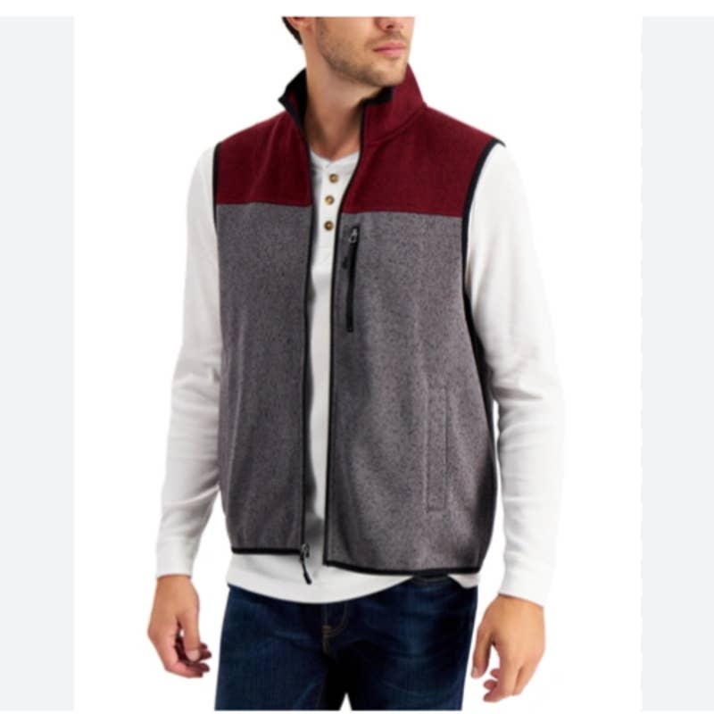 Club Room Men's Gray & Red Fleece Sweater Vest, Zip Up