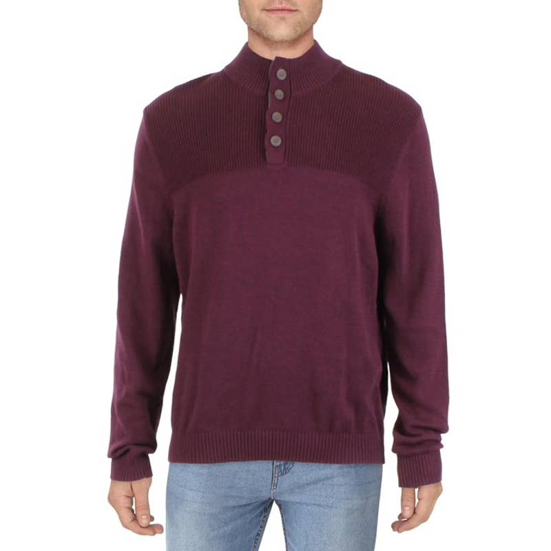 Club Room Men's Ribbed Four Button Mock Neck Sweater, Red Plum Purple