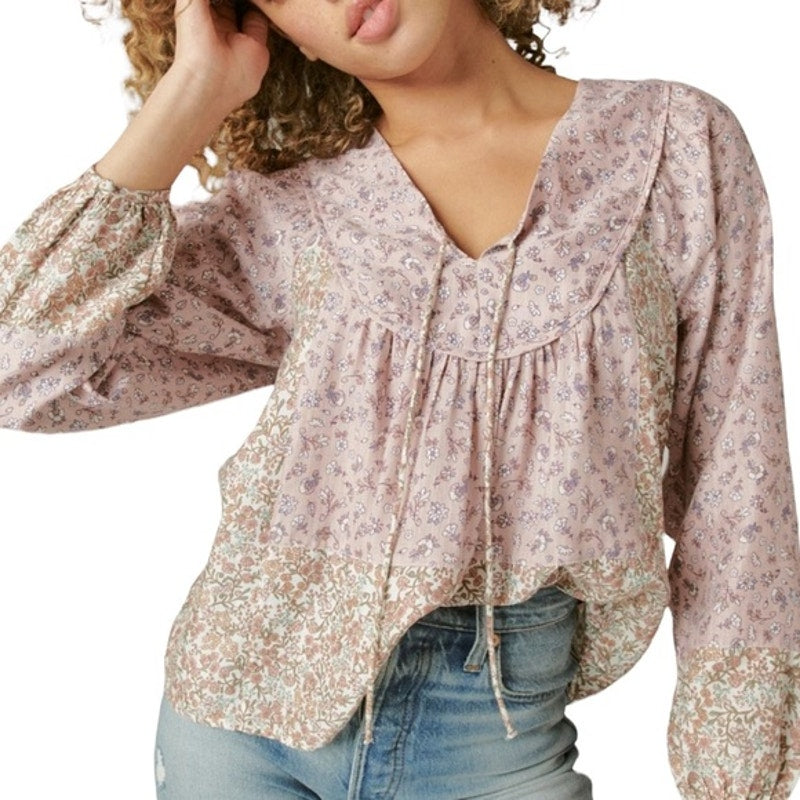 Lucky Brand Women's Pale Pink Floral Print Smock Blouse