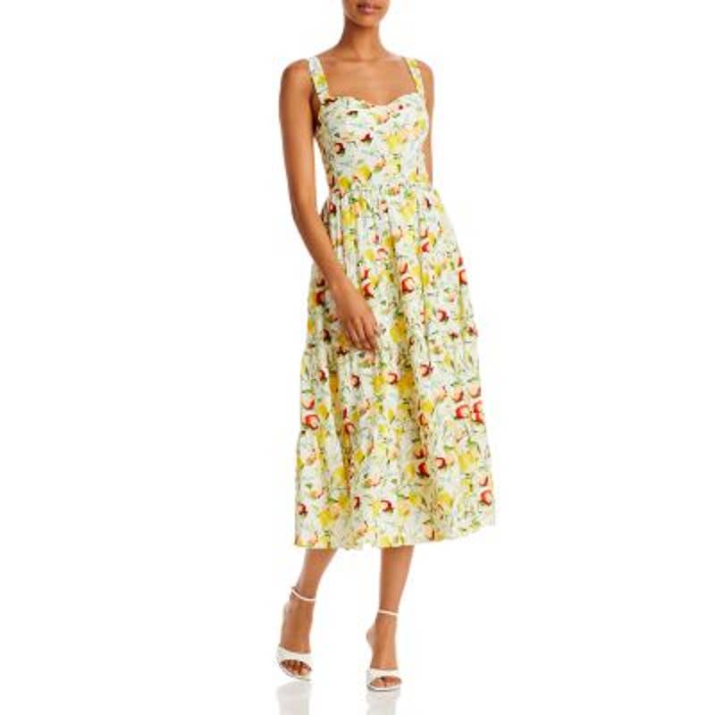 AQUA Ladies White, Yellow, & Green Fruit Print Midi Dress, Sleeveless