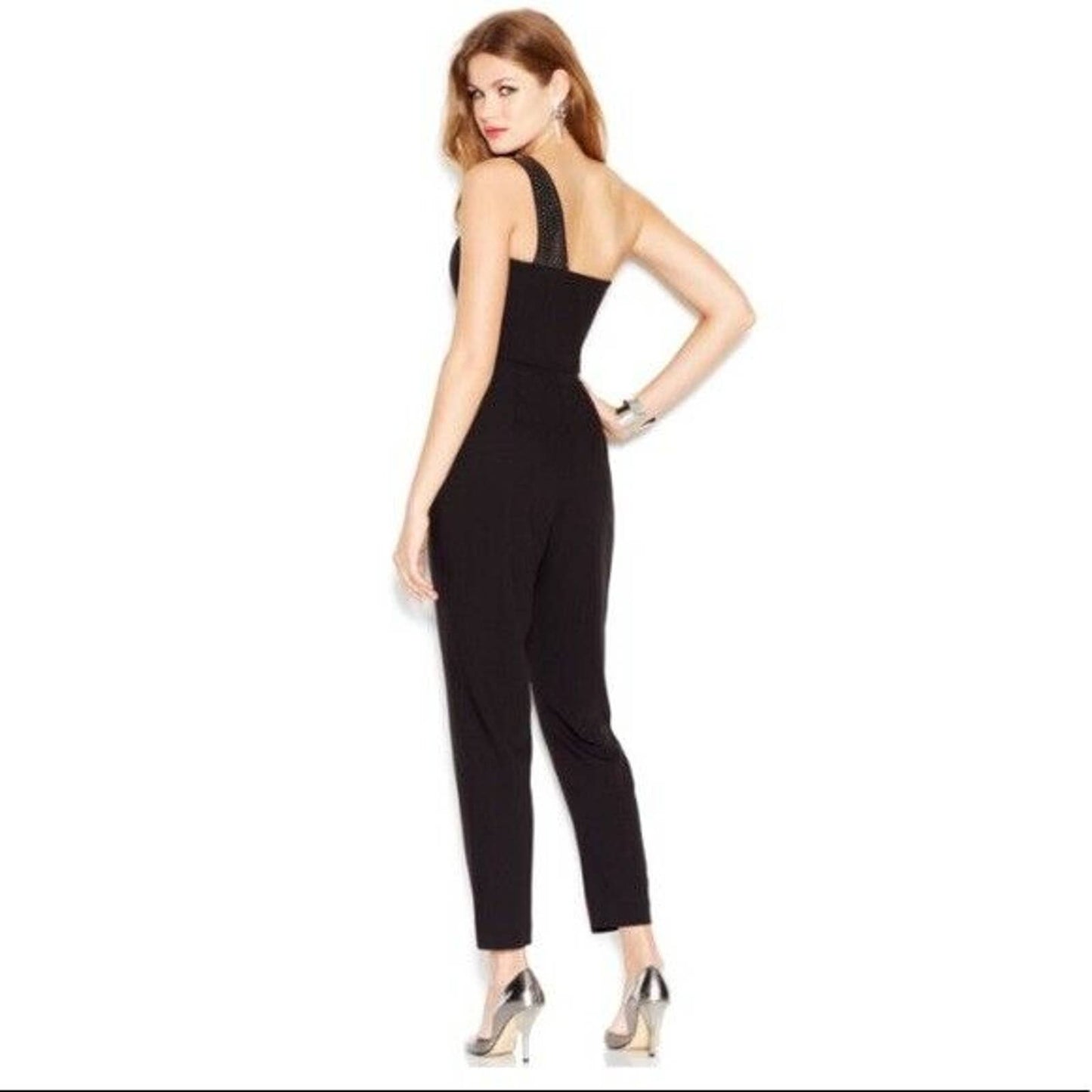 GUESS Ladies Jet Black Studded One Shoulder Pant Romper