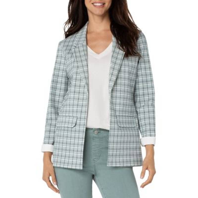 Liverpool Ladies White & Teal Houndstooth Print Boyfriend Blazer