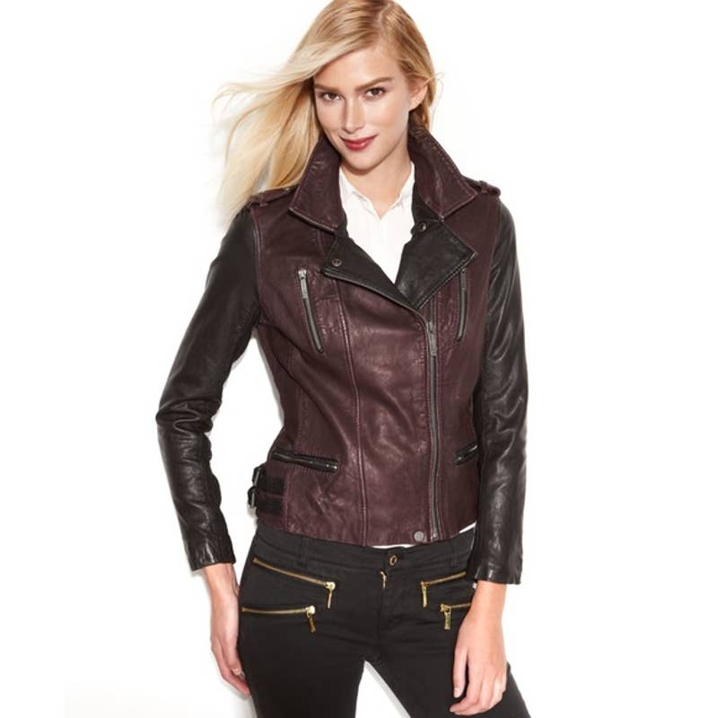 Michael Kors Ladies Black & Purple Leather Moto Zipper Jacket
