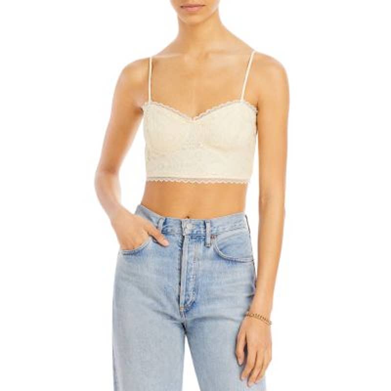 AQUA Ladies Pale Yellow Lace Overlay Spaghetti Strap Cropped Bustier Top