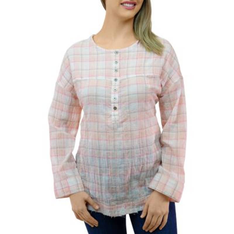 BeachLunchLounge Ladies Pink "Mia" Pucker Plaid Button Front Top