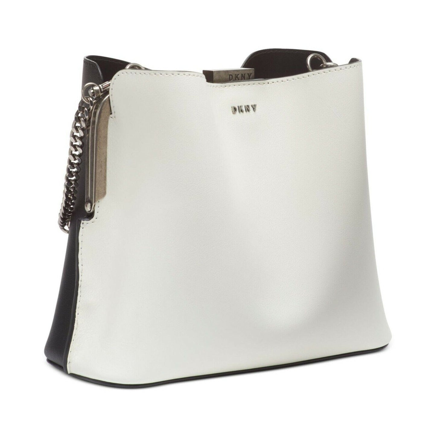 DKNY FARRAH LEATHER BUCKET BAG, WHITE FRONT BLACK BACK SNAP CLOSURE