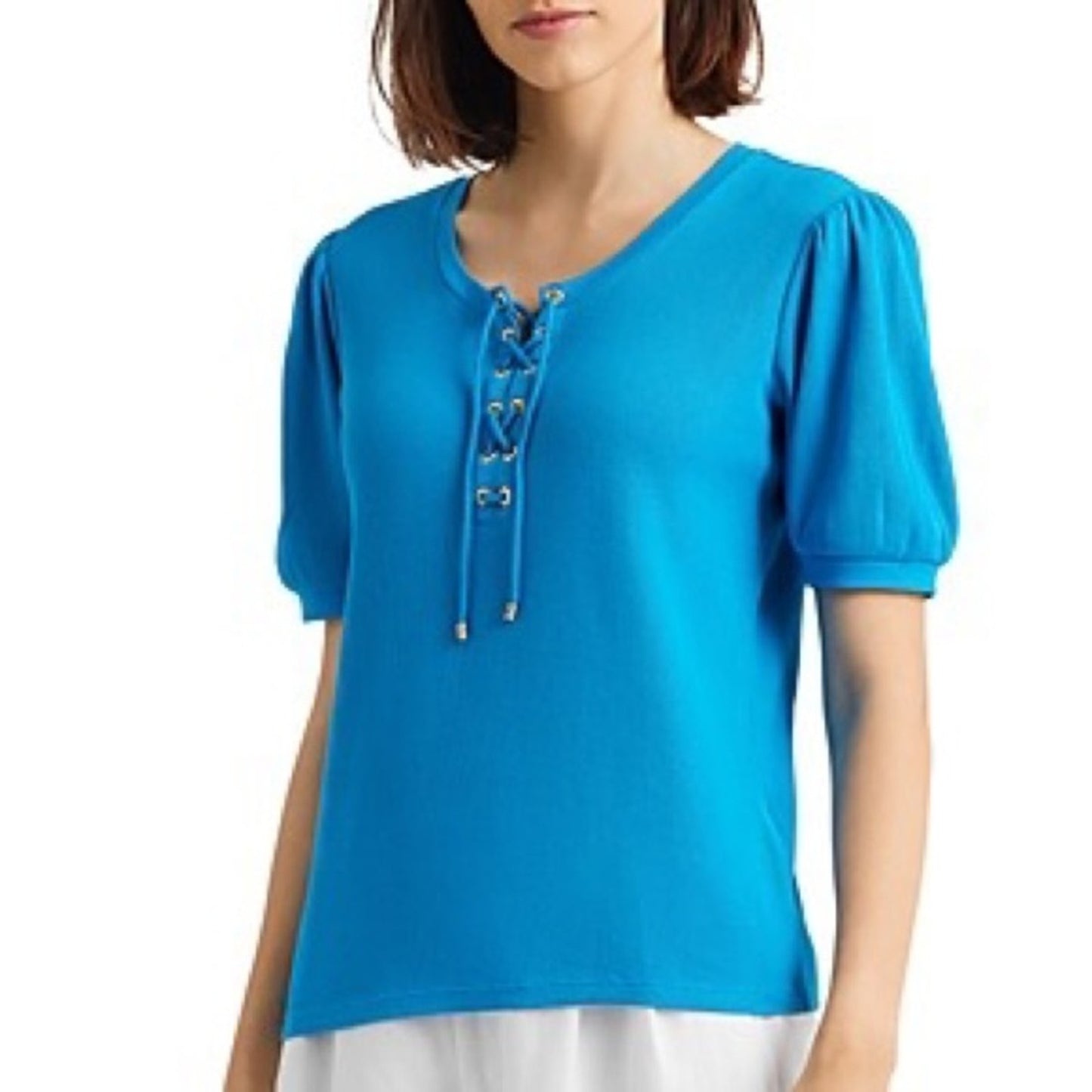 Lauren Ralph Lauren Women's Short Sleeve Topaz Blue Knit Lace-Front Top