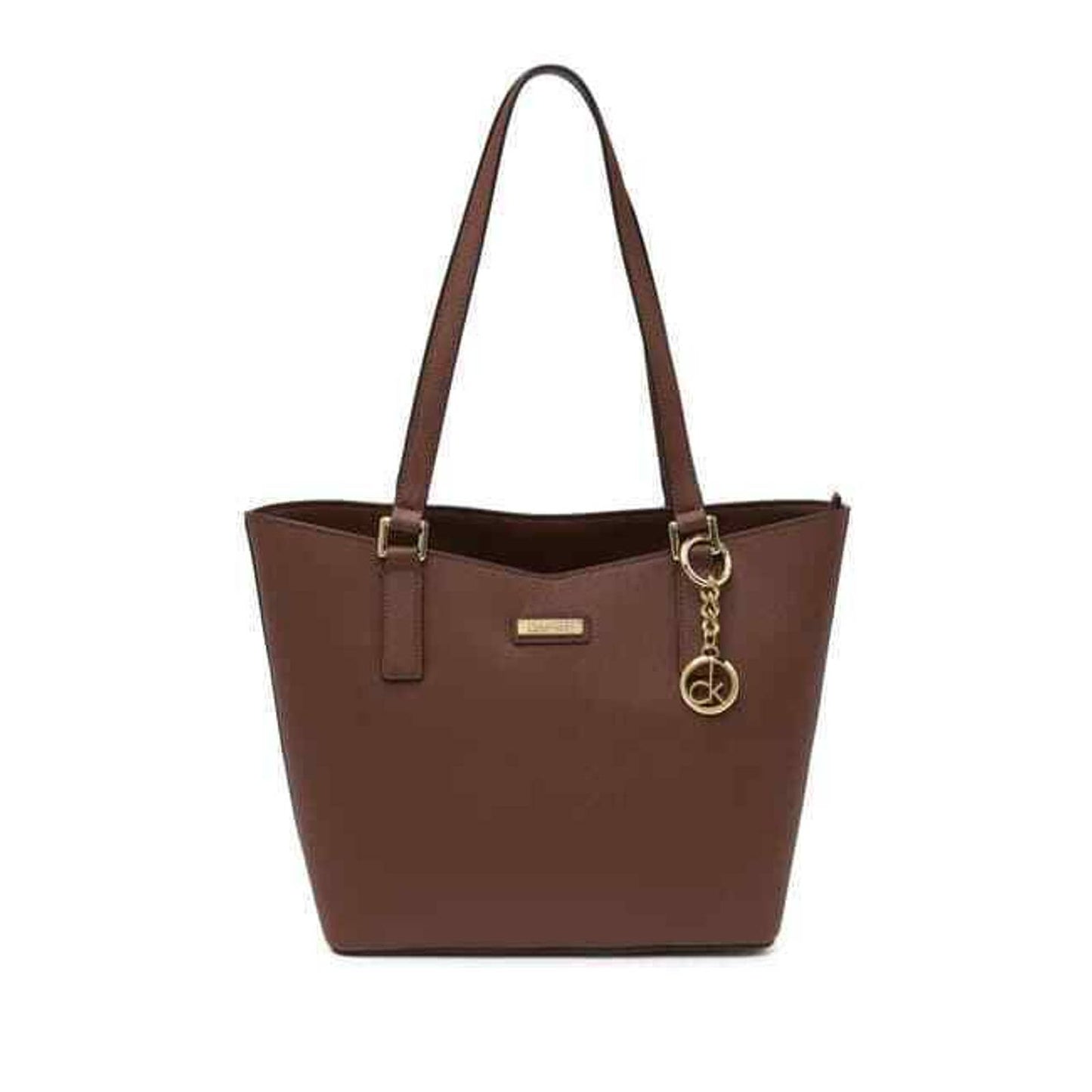 CALVIN KLEIN KEY SAFFIANO LEATHER TOTE DOUBLE STRAP, WALNUT GOLD
