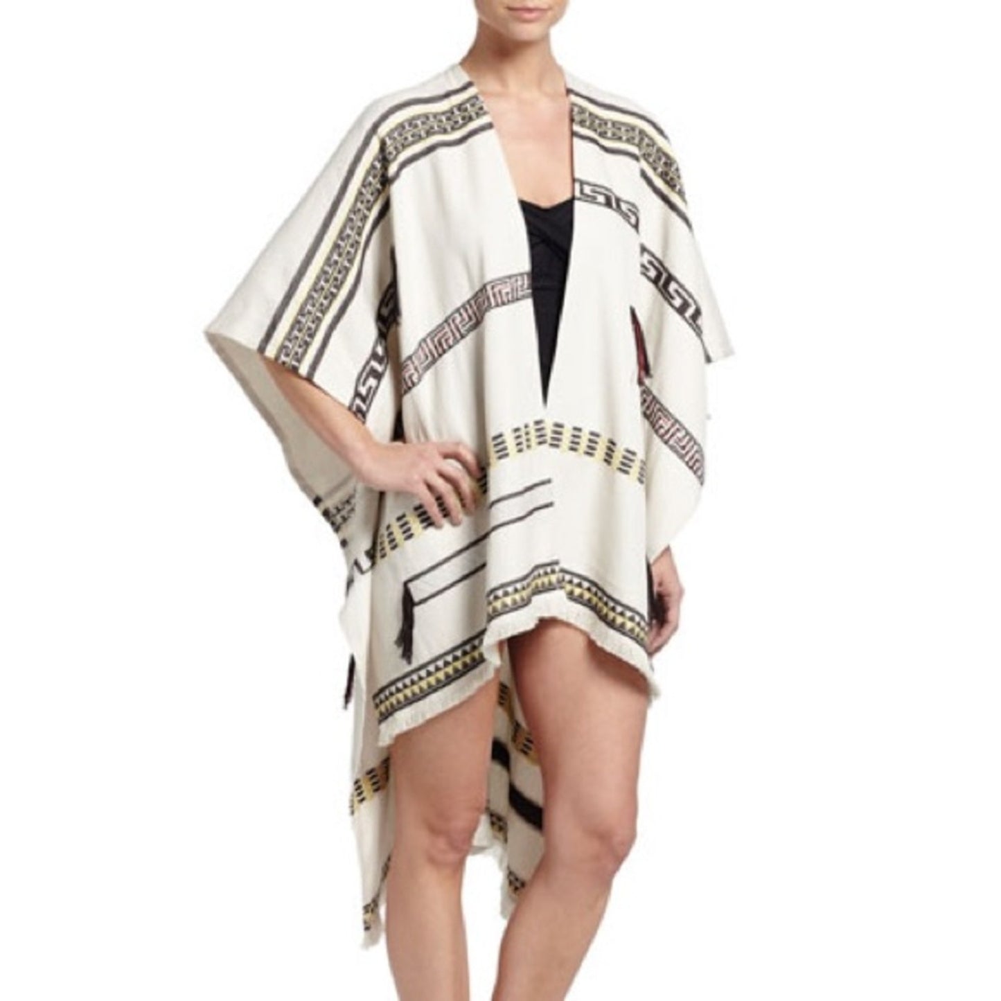 Tory Burch Embroidered Ivory Pareo Wrap w/ Yellow, Black, & Red Threading