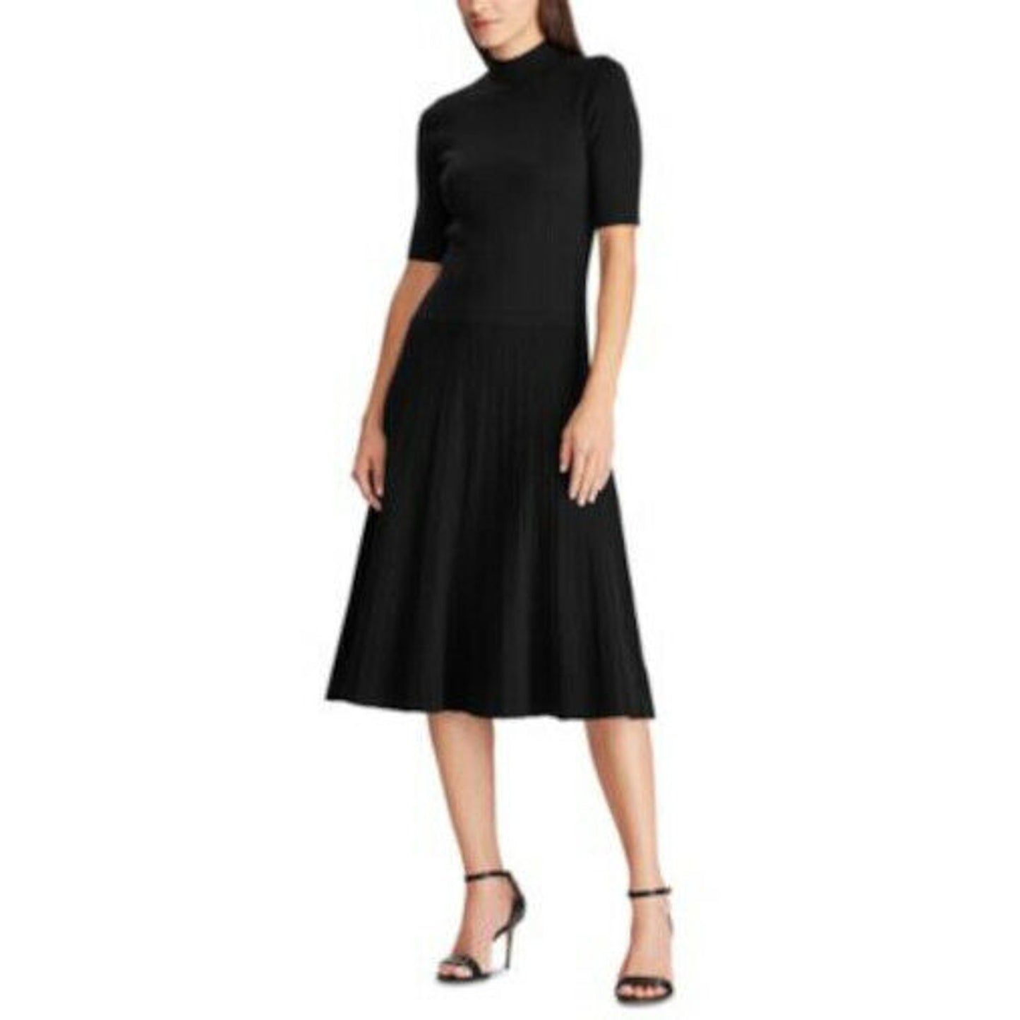 Ralph Lauren Black Ribbed “Jamise” Elbow Dress, Midi, Mockneck, Size Medium