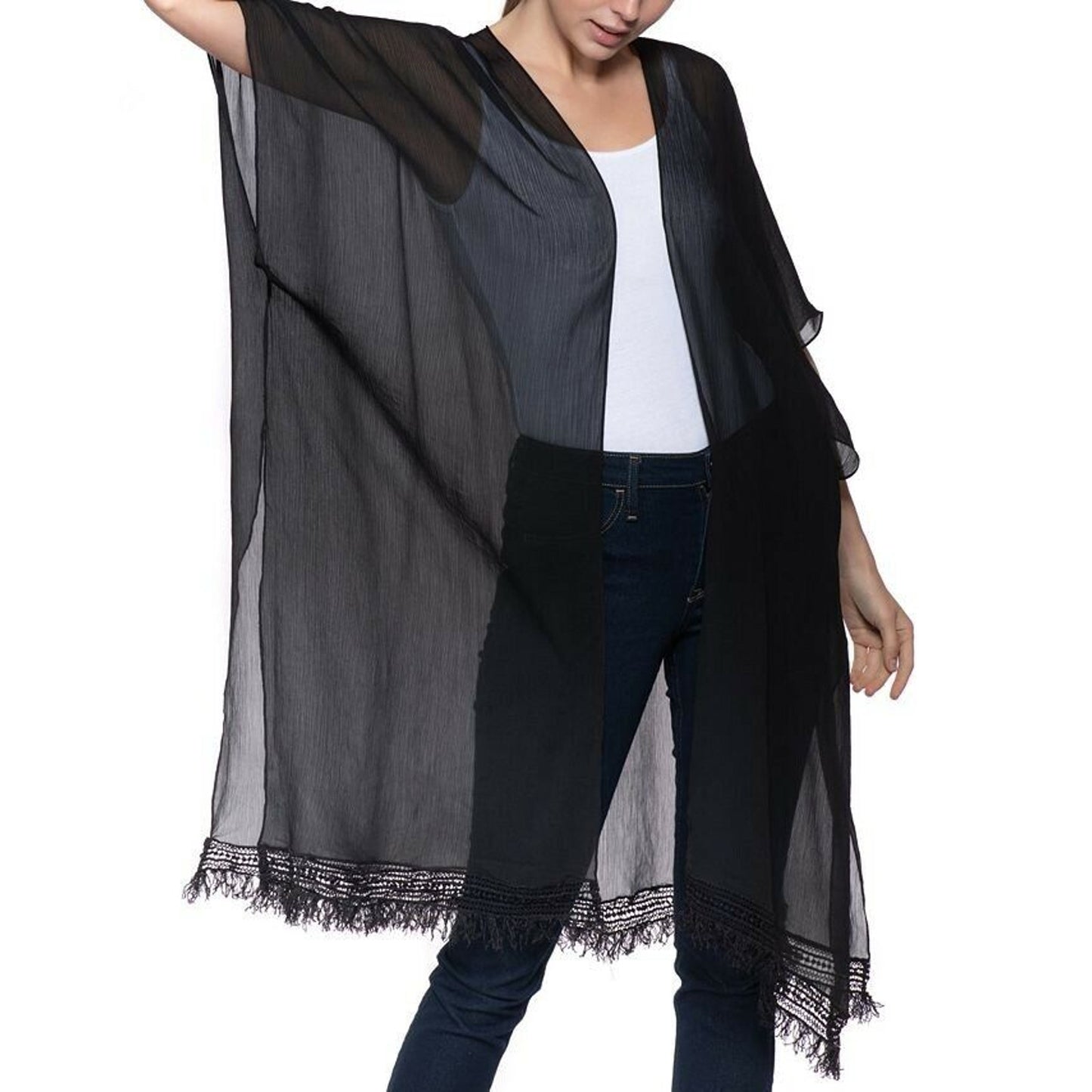 INC International Concepts Easy Solid Fringe Topper Kimono Black