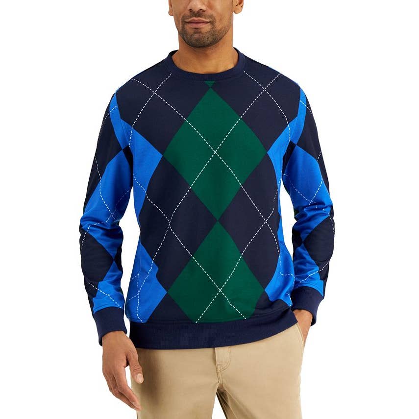 Club Room Men's Regular Fit Argyle French Navy Blue & Green Sweater