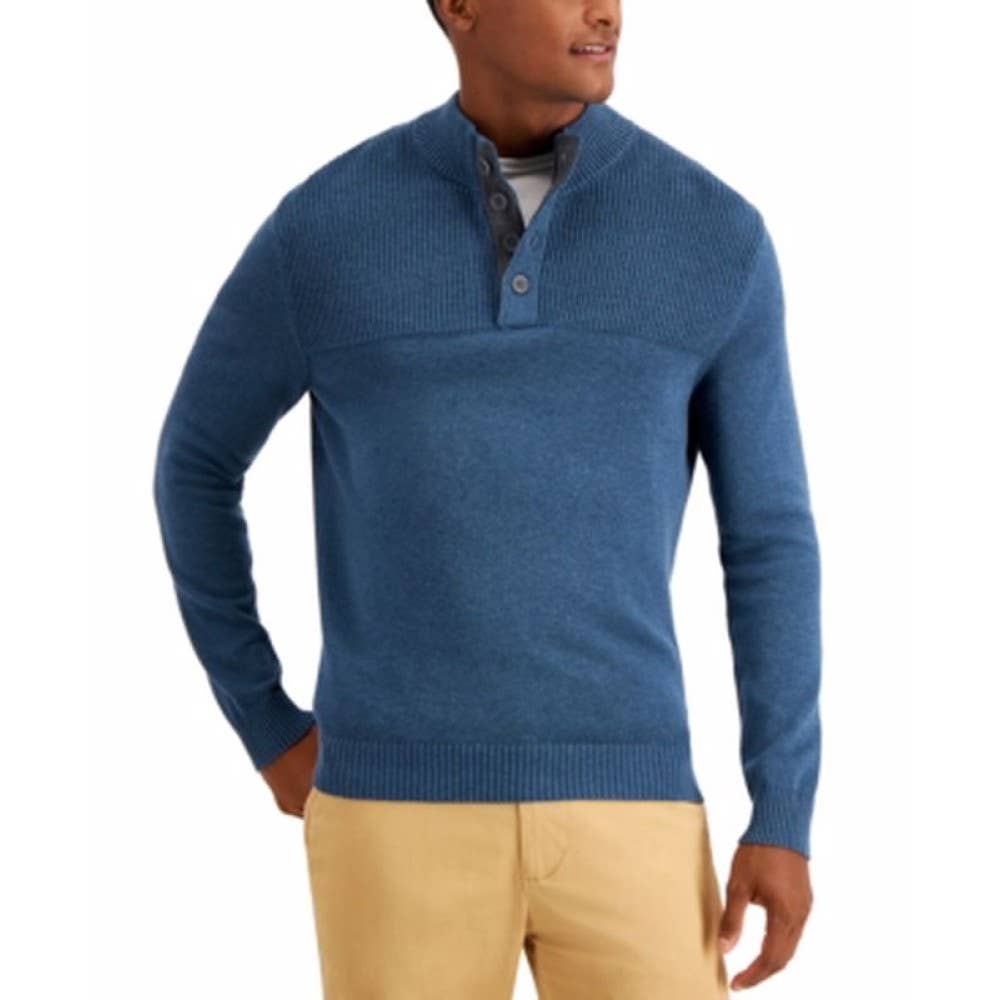 Club Room Men's Ribbed Four Button Mock Neck Sweater, Blue Wing