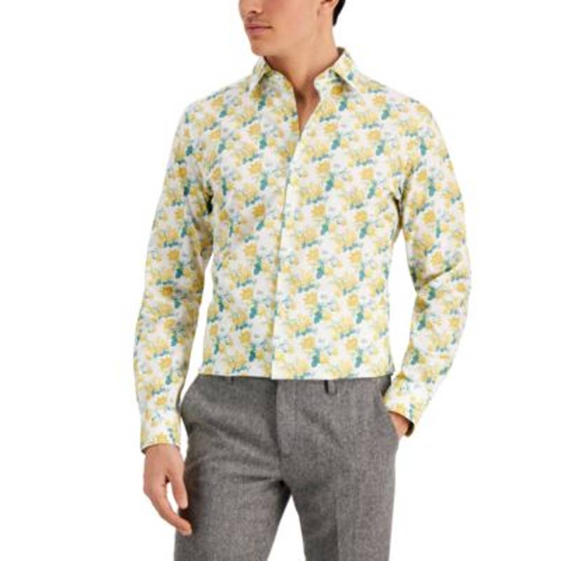 BAR III Men's Yellow Floral Print Button Up Dress Shirt