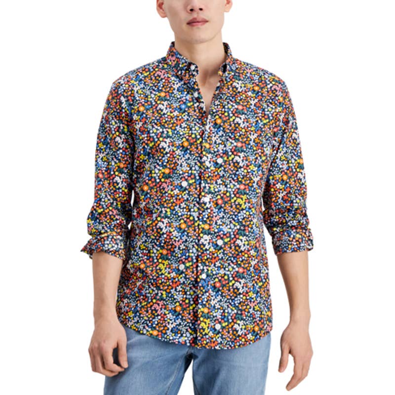 Club Room Men's Orange Poppy Print Poplin Button Up Shirt