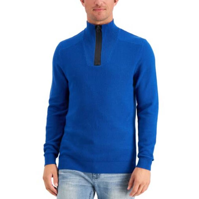 ALFANI Men's Acapulco Blue Waffle Knit Quarter Zip Mock Neck Sweater