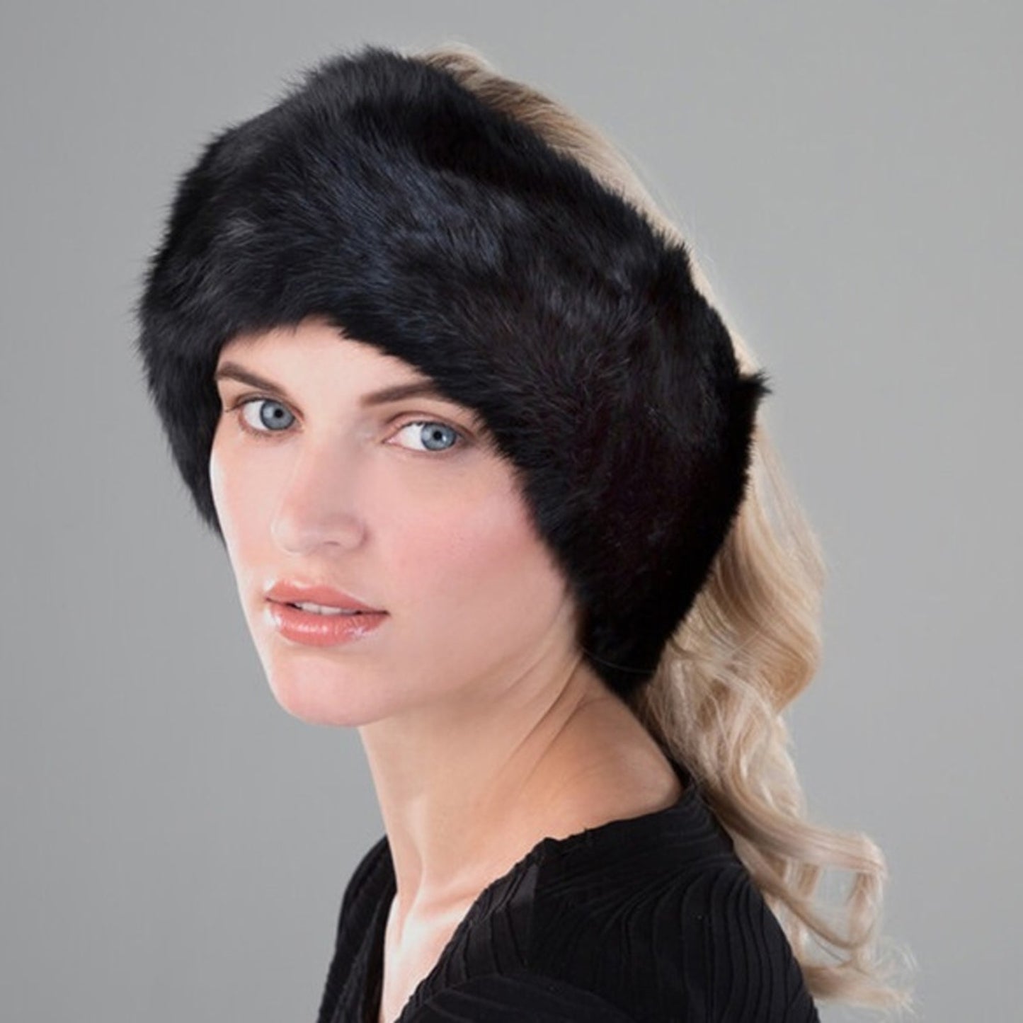 Surell Black Headband Scarf, Fox Fur
