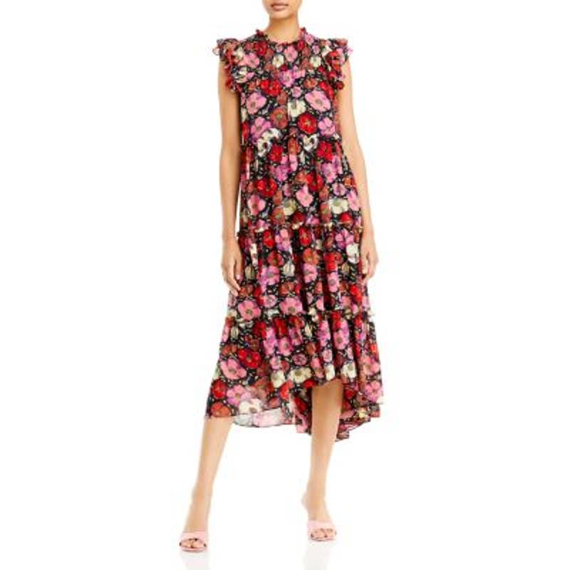 Cinq a Sept Ladies Floral Print High Neck Midi Dress w/ Ruffle Cap Sleeves