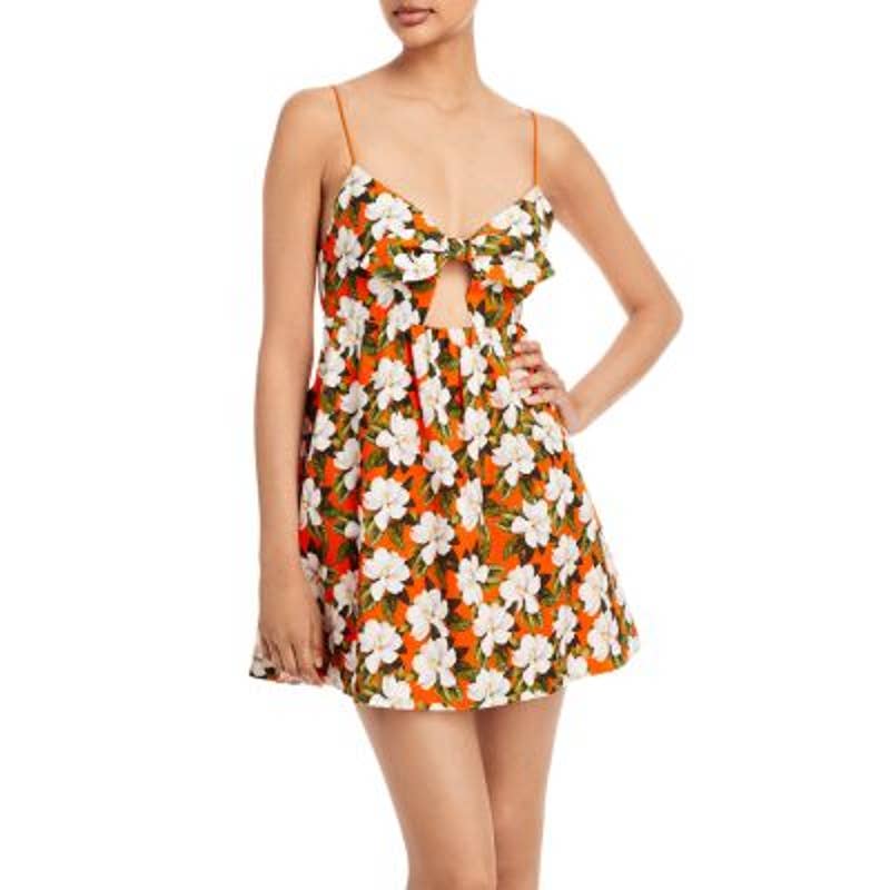 Alice + Olivia Ladies Basic Melvina Tie Front Babydoll Dress, Orange Floral