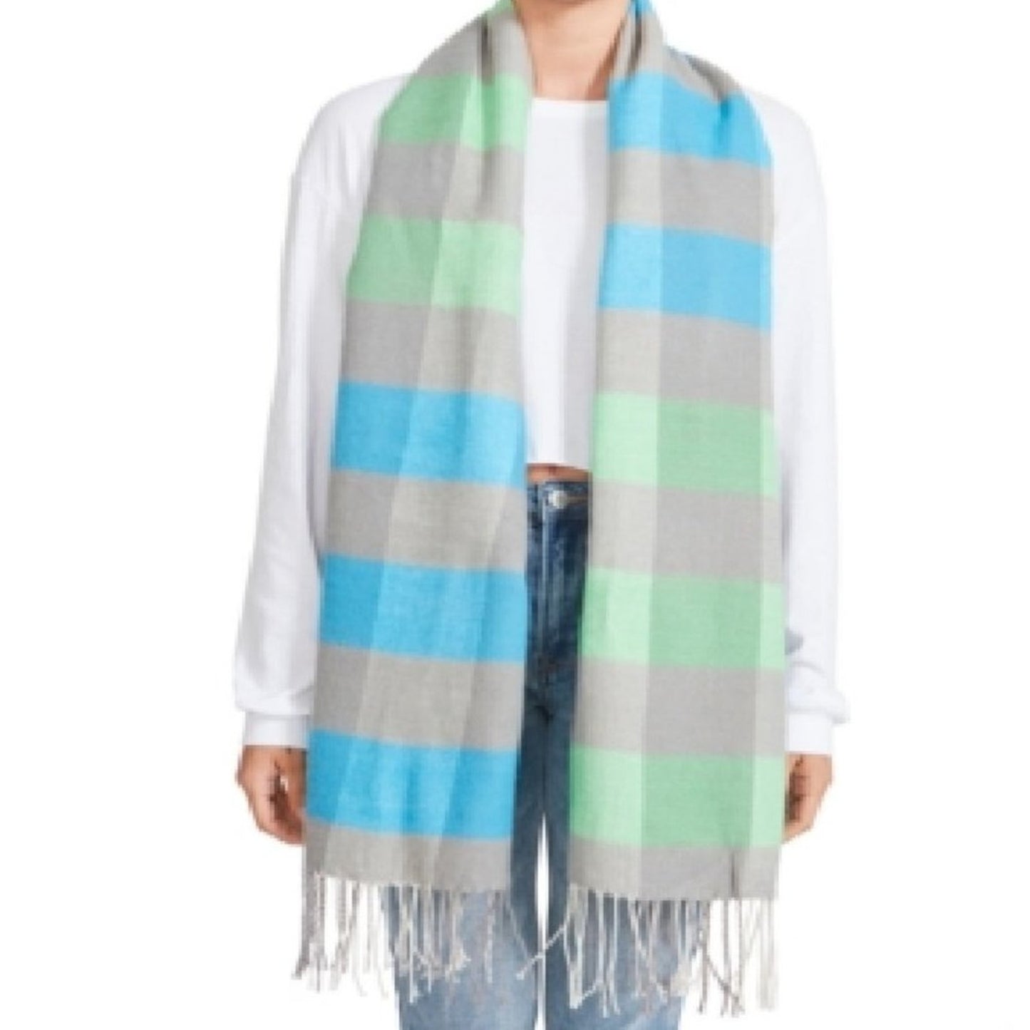 Steve Madden Gray, Blue, & Green Checkered Scarf, Tassel Details, One Size