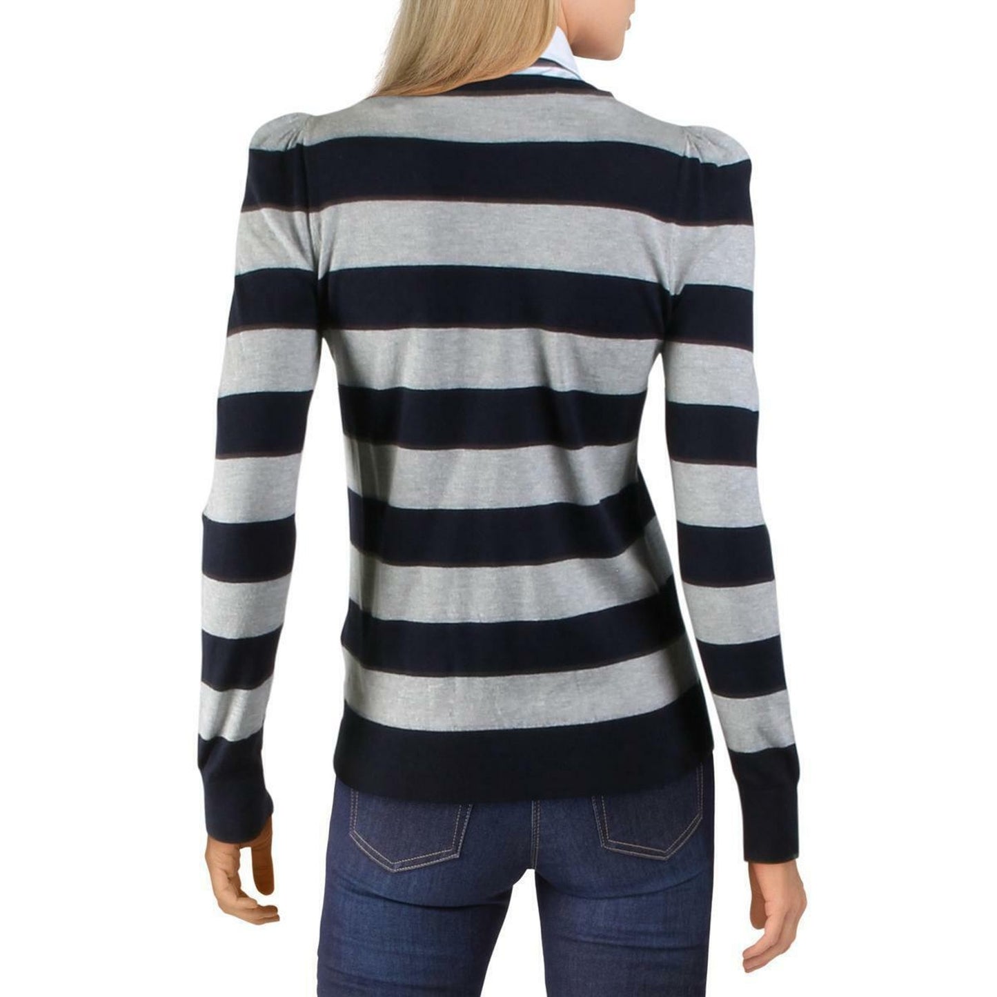 Ralph Lauren Navy Blue & Gray Striped "Zarita" Sweater w/ Collar & Bow Accents