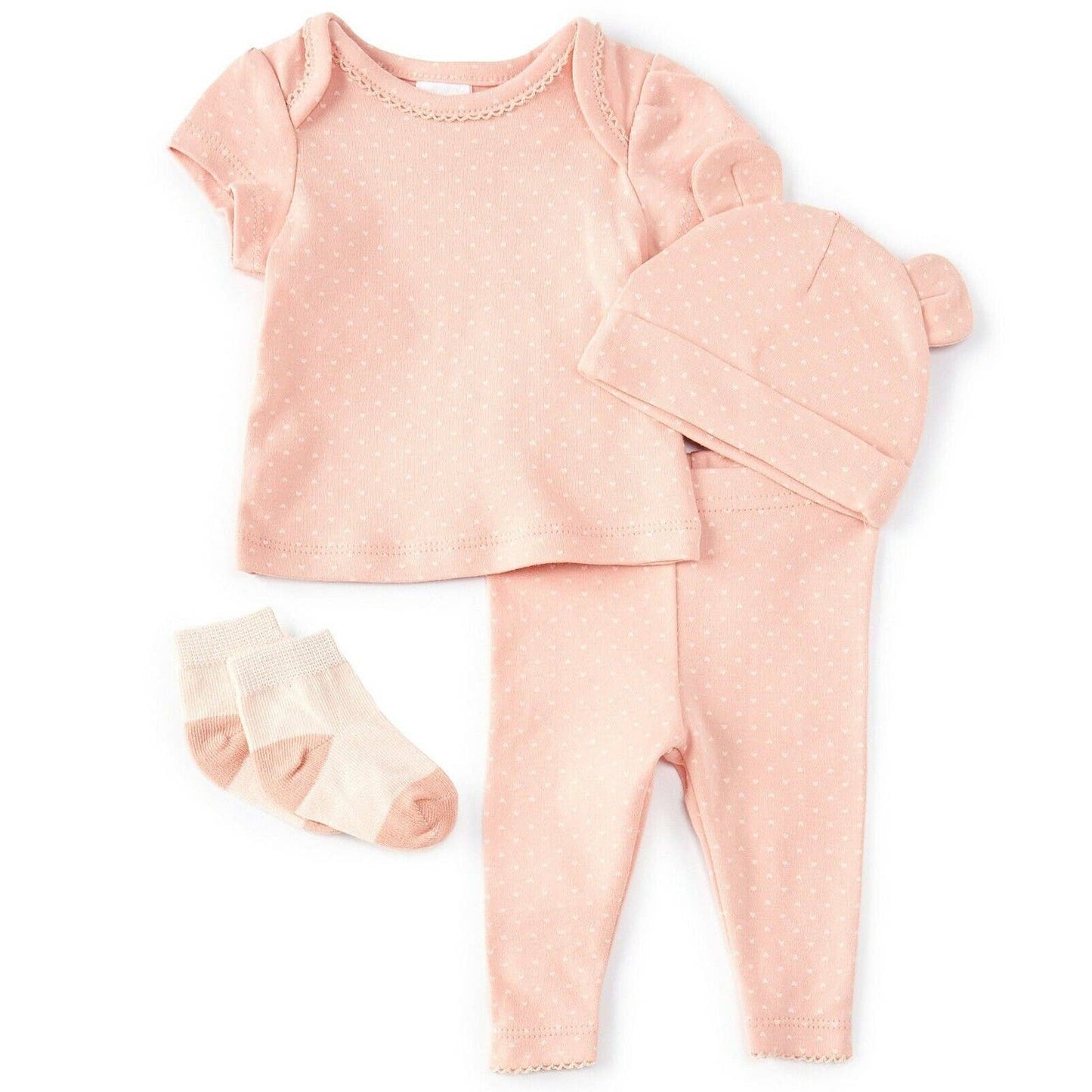 Starting Out Baby Girls Heart-Print Top, Leggings, Socks & Bear Beanie Set