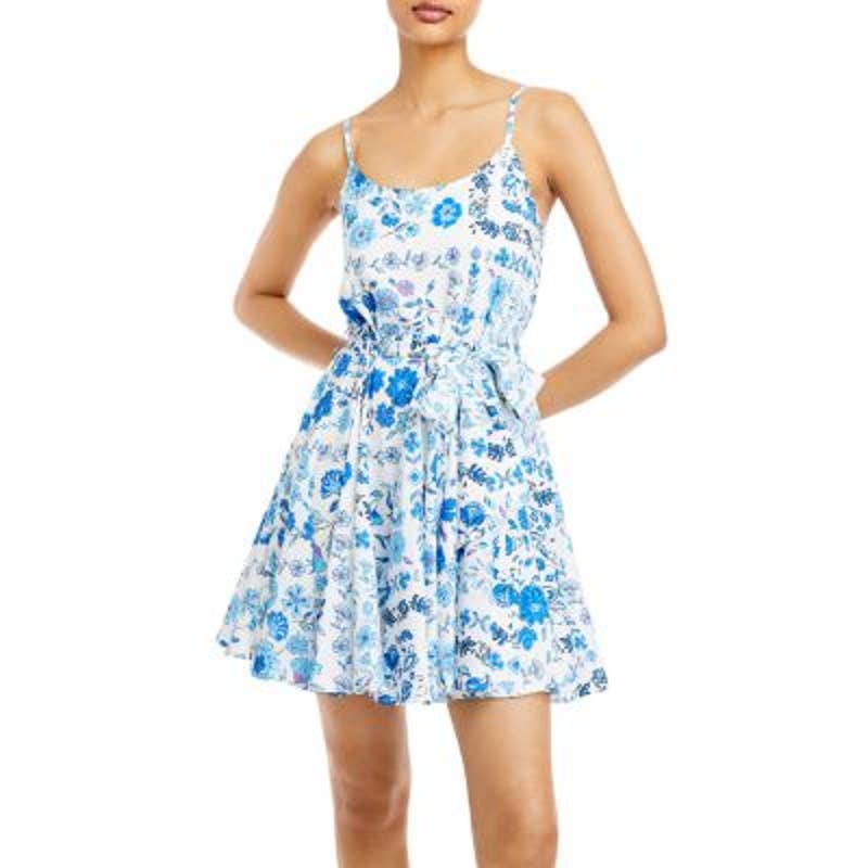 AQUA Ladies White & Blue Floral Print Waist Tie Dress