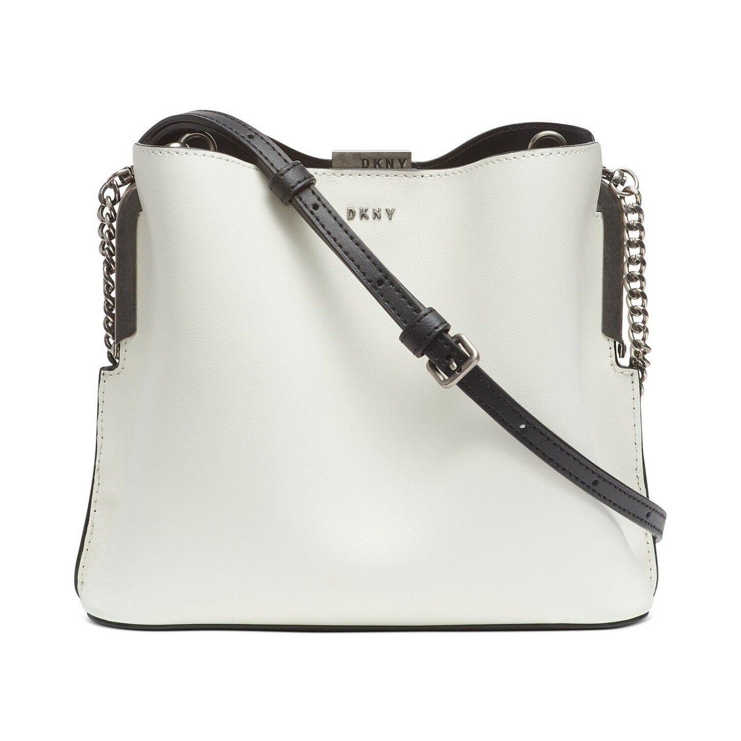 DKNY FARRAH LEATHER BUCKET BAG, WHITE FRONT BLACK BACK SNAP CLOSURE