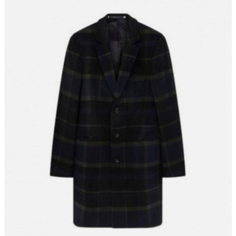 Paul Smith Men's Wool Overcoat, Black, Green, Navy Blue Plaid