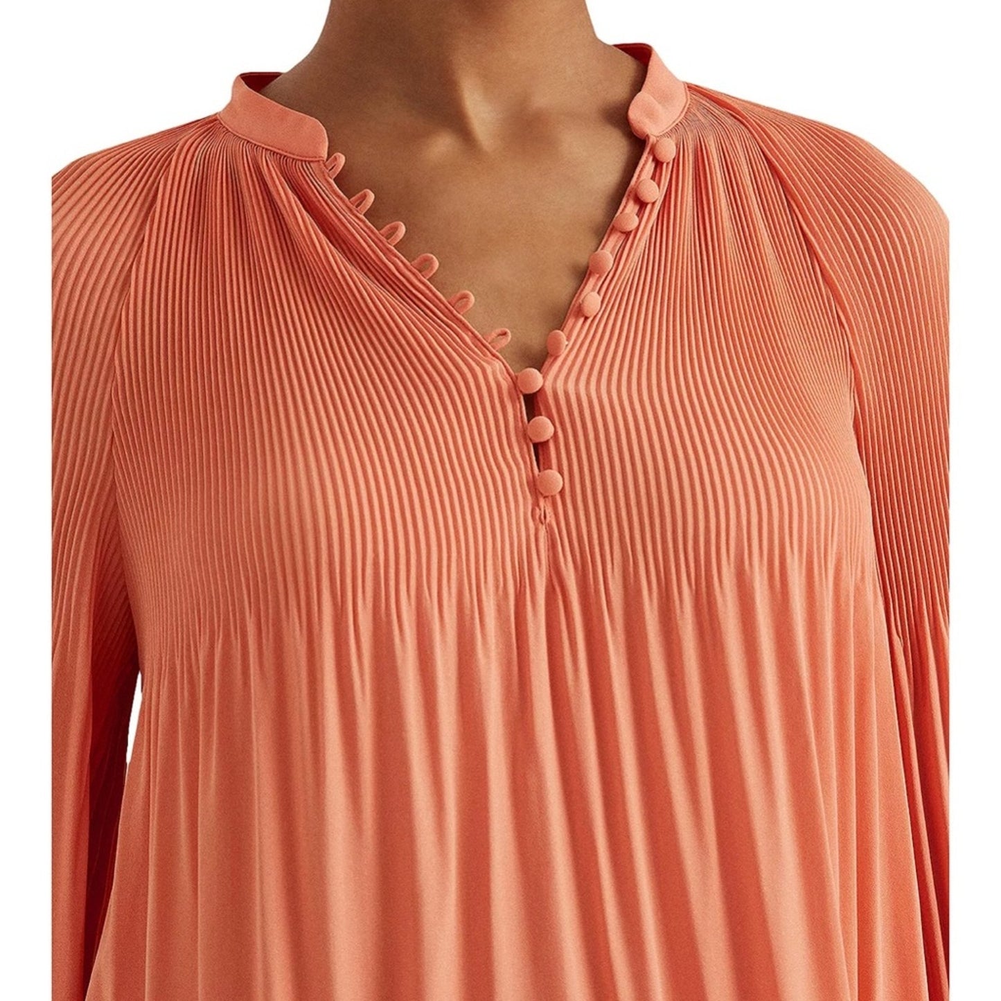 Lauren Ralph Lauren Bright Orange Blouse w/ Pleated Accents & Button-Up Front