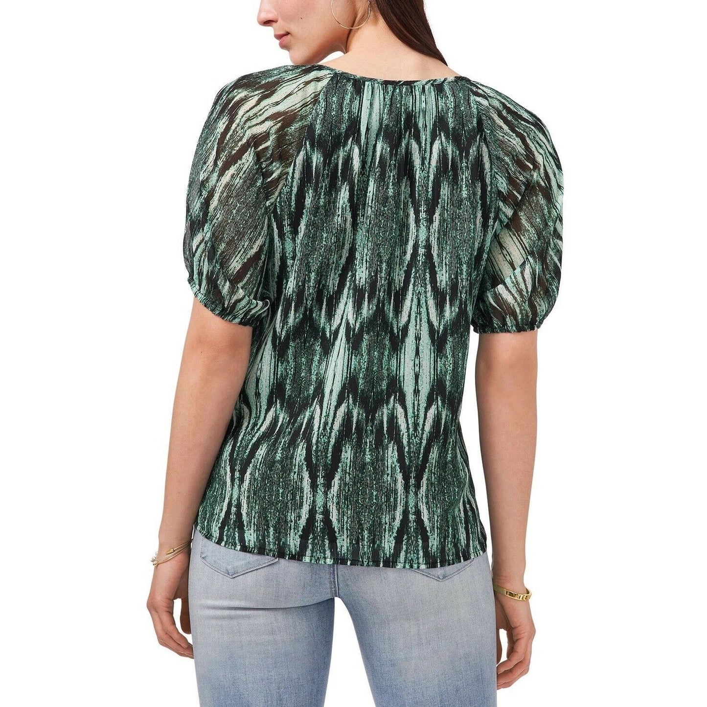 Vince Camuto Green & Black Sheer Blouse w/ Keyhole Detail, Elastic Sleeves