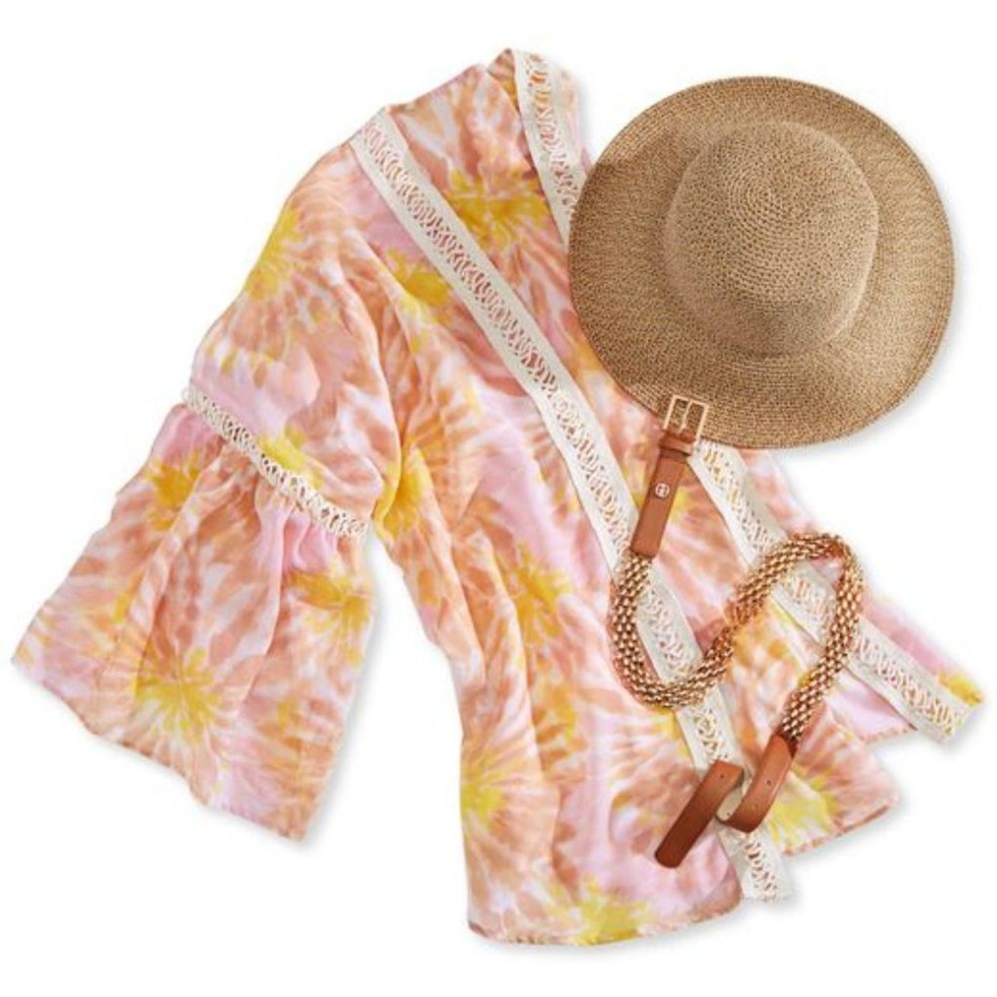Steve Madden Sheer Pink & Yellow Tie Dye Kimono w/ Knit Neckline, OSFM