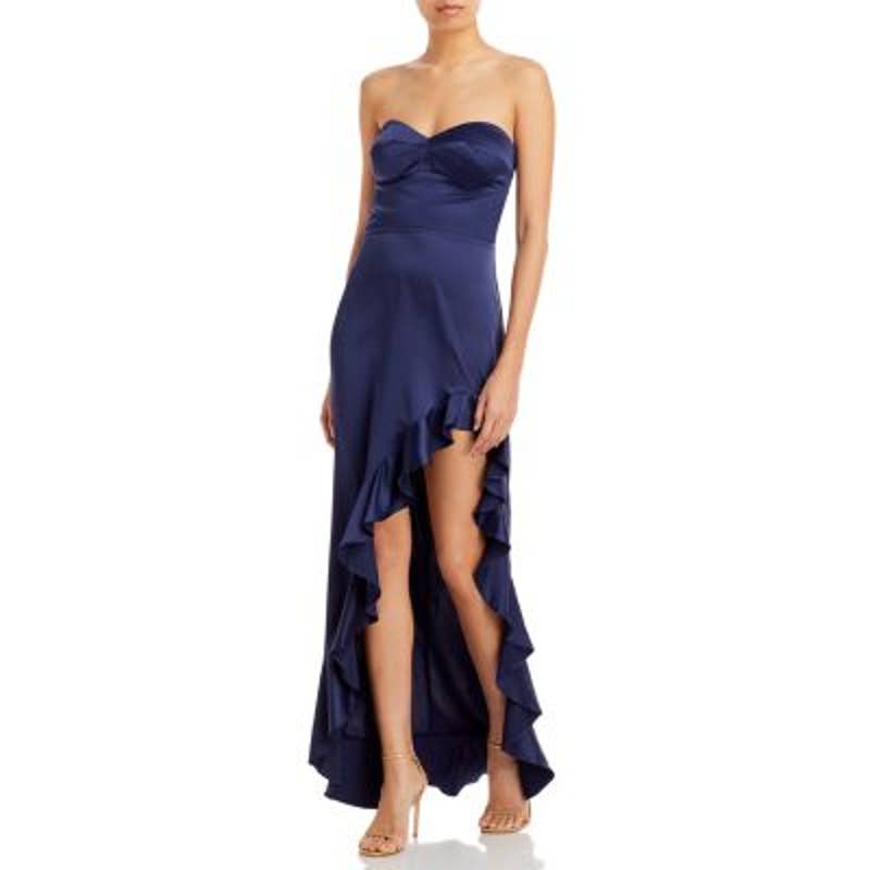 AQUA Ladies Navy Blue Strapless Ruffle Maxi Dress, High Slit in Leg