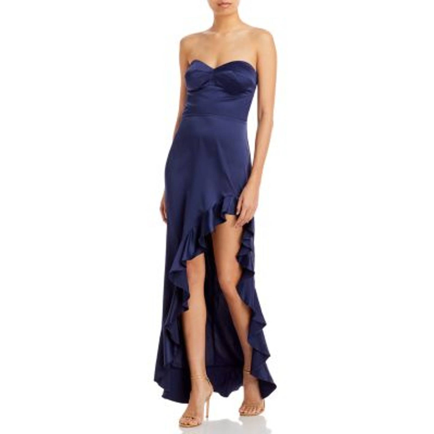 AQUA Ladies Navy Blue Strapless Ruffle Maxi Dress, High Slit in Leg