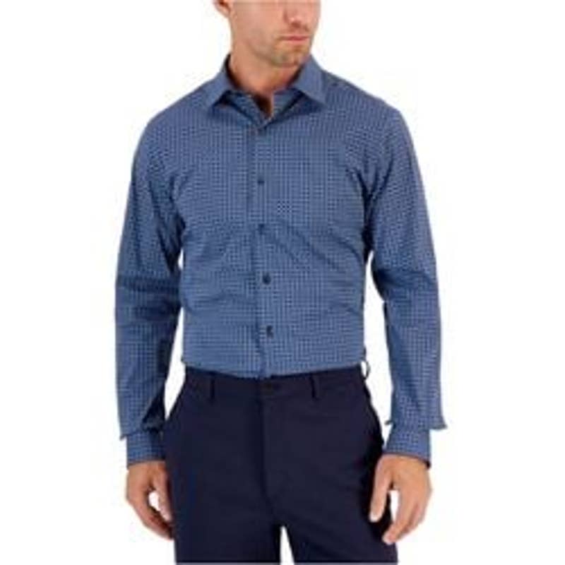 ALFANI Men's Navy Blue & White Geometric Print Performance Button Up Shirt